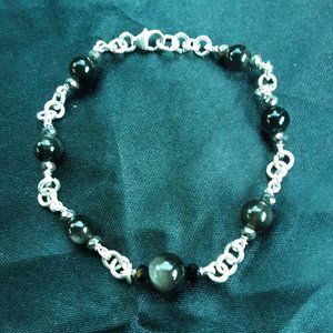 925 sterling silver black silver sheen obsidian bracelet
